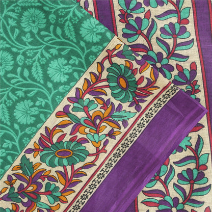 Sanskriti Vintage Sarees Indian Green Pure Cotton Printed Sari 5+yd Craft Fabric