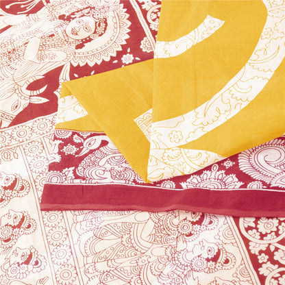 Sanskriti Vintage Sarees Yellow Kalamkari Print 100%Pure Cotton Sari 5+yd Fabric