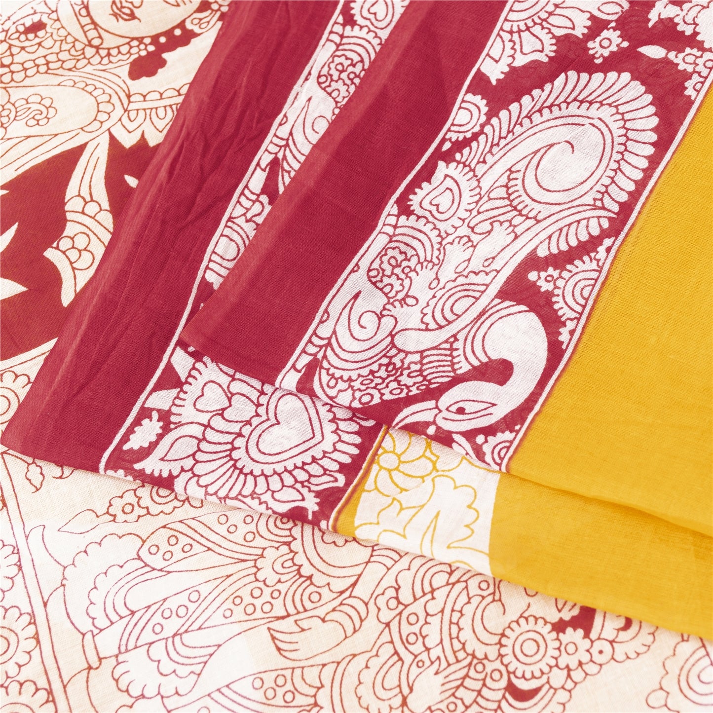 Sanskriti Vintage Sarees Yellow Kalamkari Print 100%Pure Cotton Sari 5+yd Fabric