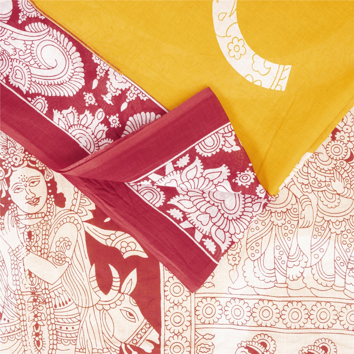 Sanskriti Vintage Sarees Yellow Kalamkari Print 100%Pure Cotton Sari 5+yd Fabric