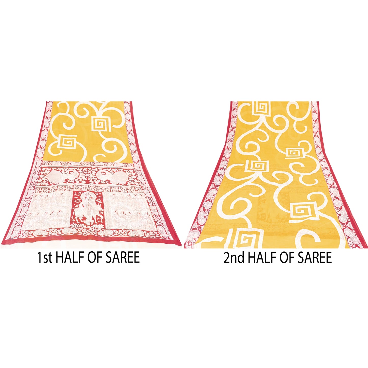 Sanskriti Vintage Sarees Yellow Kalamkari Print 100%Pure Cotton Sari 5+yd Fabric