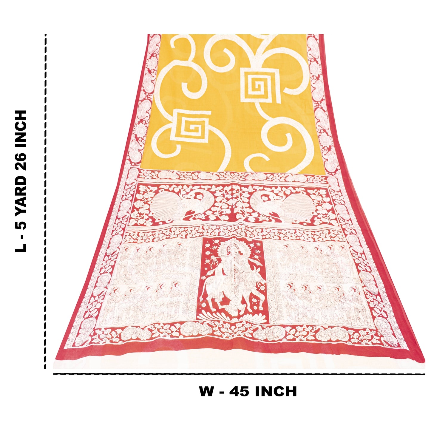 Sanskriti Vintage Sarees Yellow Kalamkari Print 100%Pure Cotton Sari 5+yd Fabric