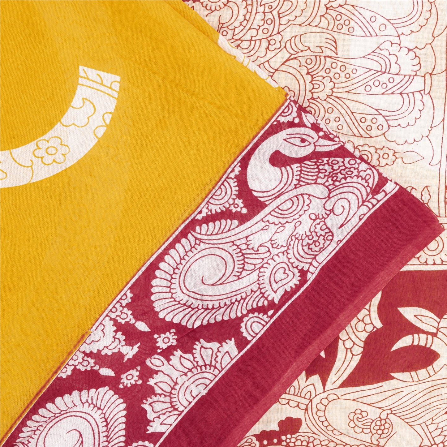 Sanskriti Vintage Sarees Yellow Kalamkari Print 100%Pure Cotton Sari 5+yd Fabric