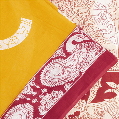 Sanskriti Vintage Sarees Yellow Kalamkari Print 100%Pure Cotton Sari 5+yd Fabric