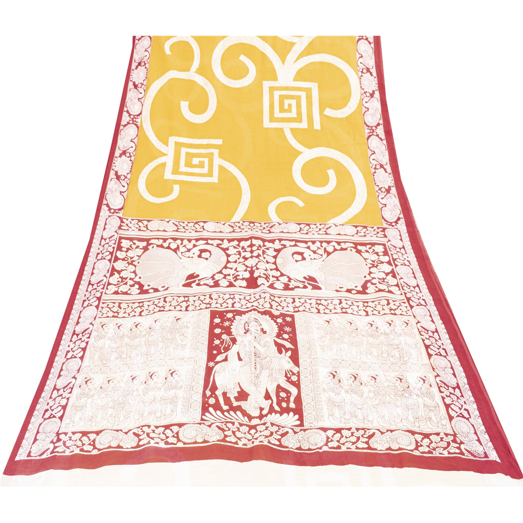 Sanskriti Vintage Sarees Yellow Kalamkari Print 100%Pure Cotton Sari 5+yd Fabric
