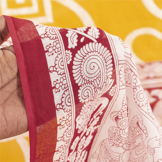 Sanskriti Vintage Sarees Yellow Kalamkari Print 100%Pure Cotton Sari 5+yd Fabric