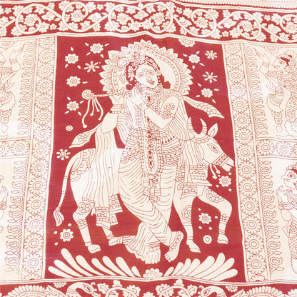 Sanskriti Vintage Sarees Yellow Kalamkari Print 100%Pure Cotton Sari 5+yd Fabric