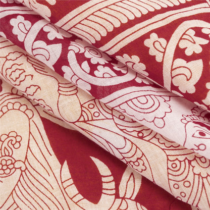 Sanskriti Vintage Sarees Yellow Kalamkari Print 100%Pure Cotton Sari 5+yd Fabric