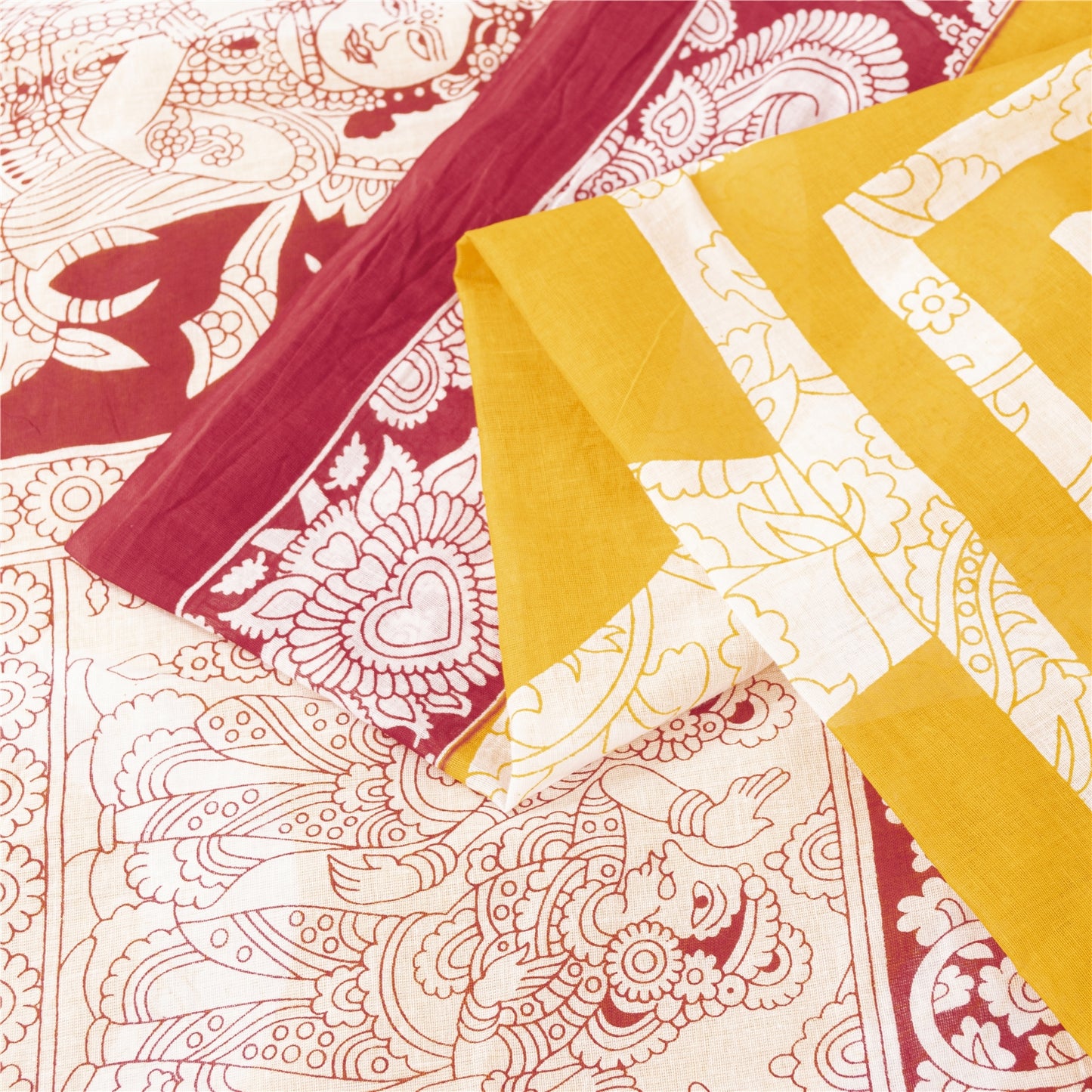 Sanskriti Vintage Sarees Yellow Kalamkari Print 100%Pure Cotton Sari 5+yd Fabric