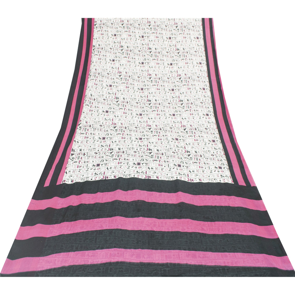 Sanskriti Vintage Sarees White Pure Cotton Various Print Sari 5+yd Craft Fabric