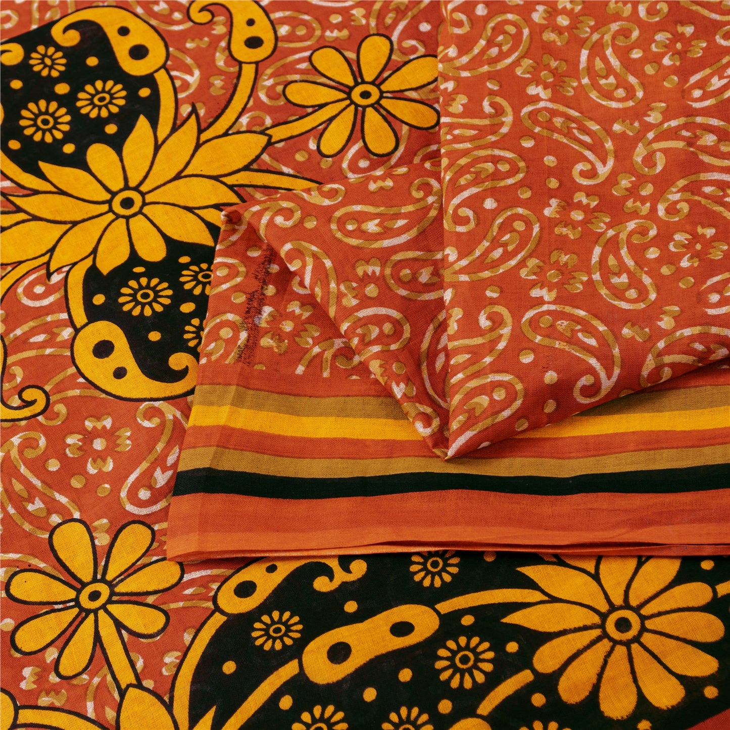 Sanskriti Vintage Sarees Orange 100% Pure Cotton Printed Sari 5+yd Craft Fabric