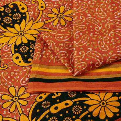 Sanskriti Vintage Sarees Orange 100% Pure Cotton Printed Sari 5+yd Craft Fabric