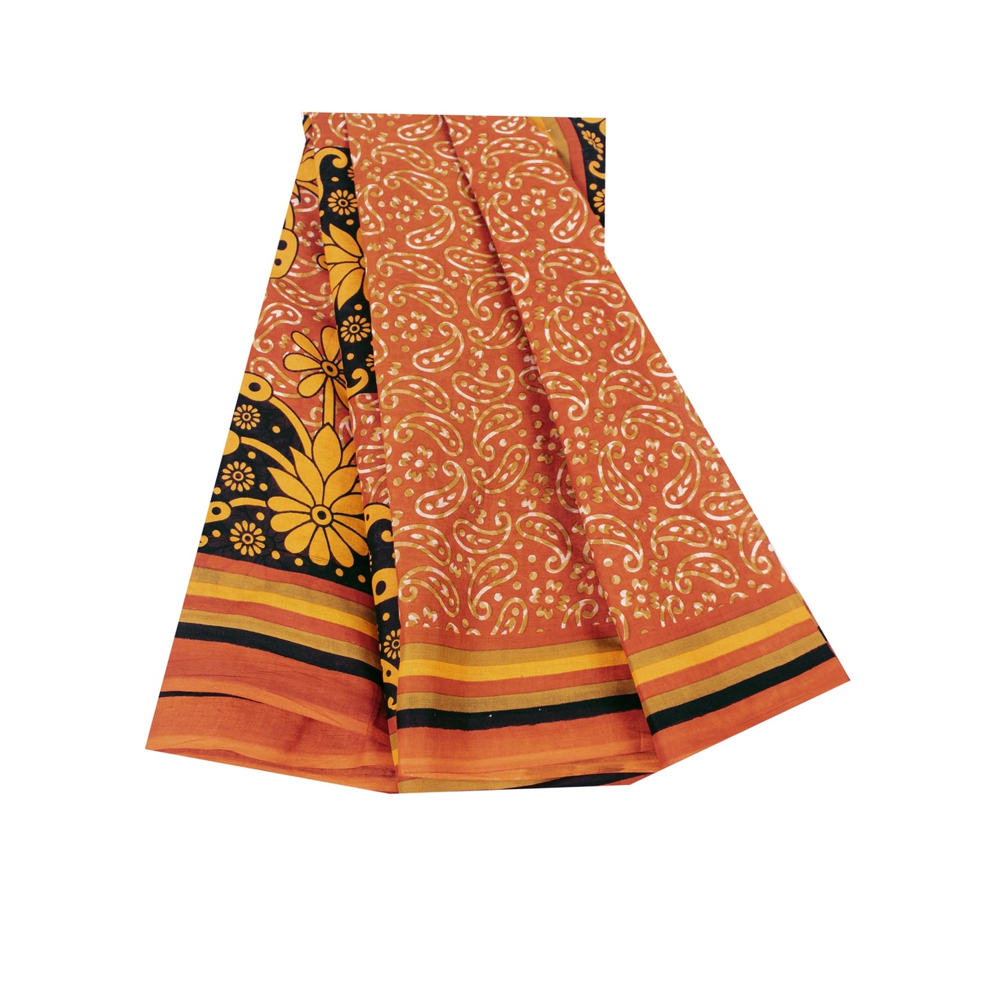 Sanskriti Vintage Sarees Orange 100% Pure Cotton Printed Sari 5+yd Craft Fabric