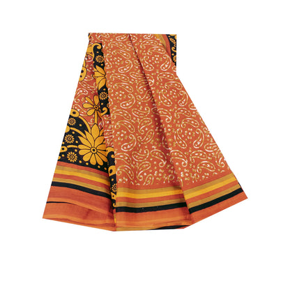 Sanskriti Vintage Sarees Orange 100% Pure Cotton Printed Sari 5+yd Craft Fabric