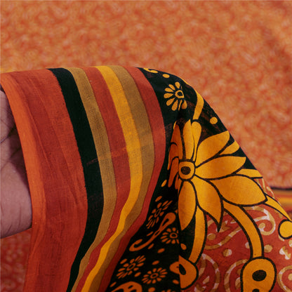 Sanskriti Vintage Sarees Orange 100% Pure Cotton Printed Sari 5+yd Craft Fabric