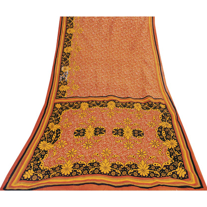 Sanskriti Vintage Sarees Orange 100% Pure Cotton Printed Sari 5+yd Craft Fabric
