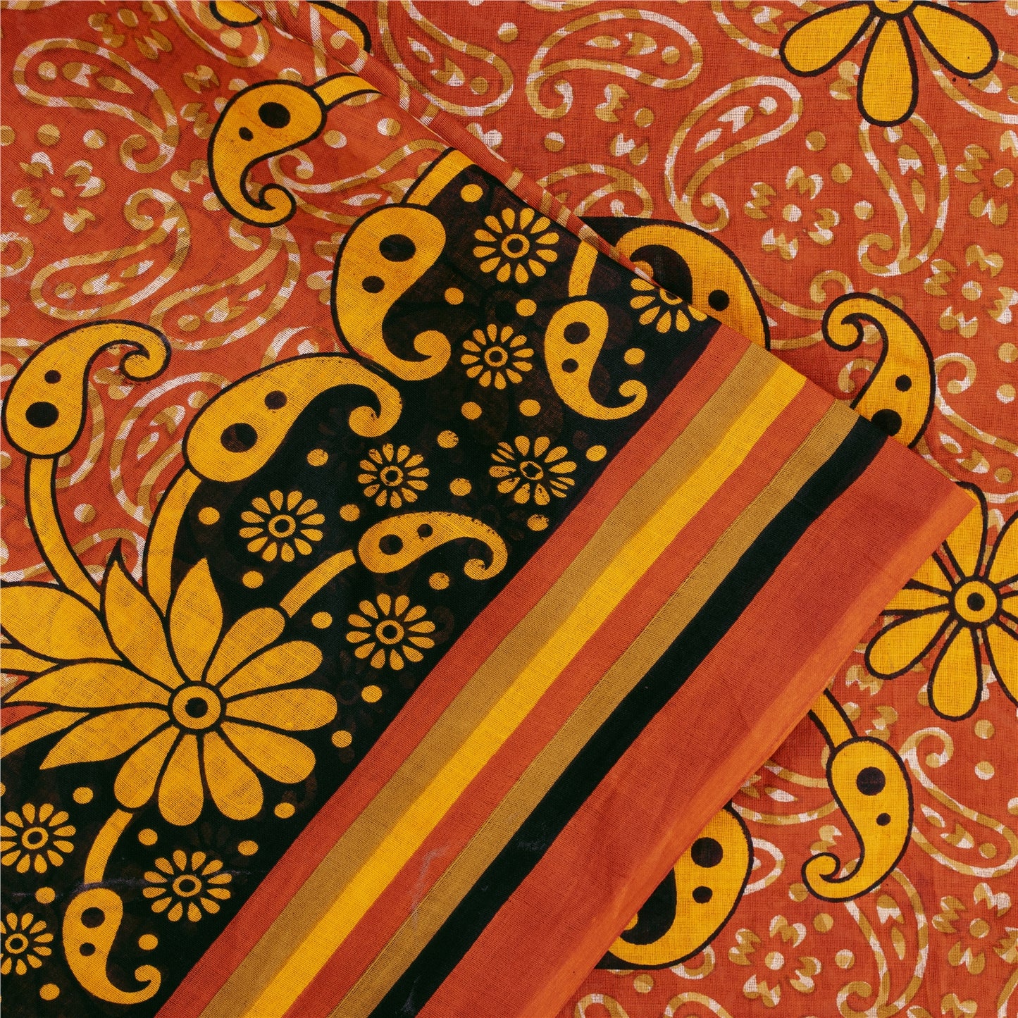 Sanskriti Vintage Sarees Orange 100% Pure Cotton Printed Sari 5+yd Craft Fabric