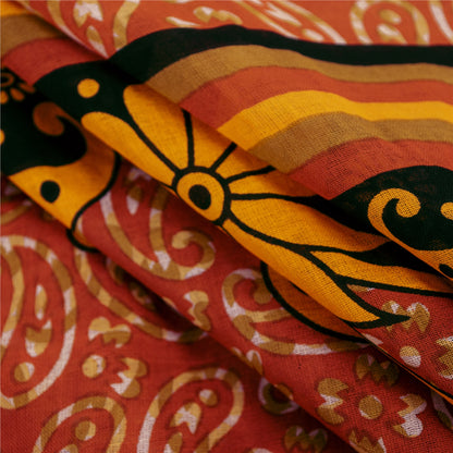 Sanskriti Vintage Sarees Orange 100% Pure Cotton Printed Sari 5+yd Craft Fabric