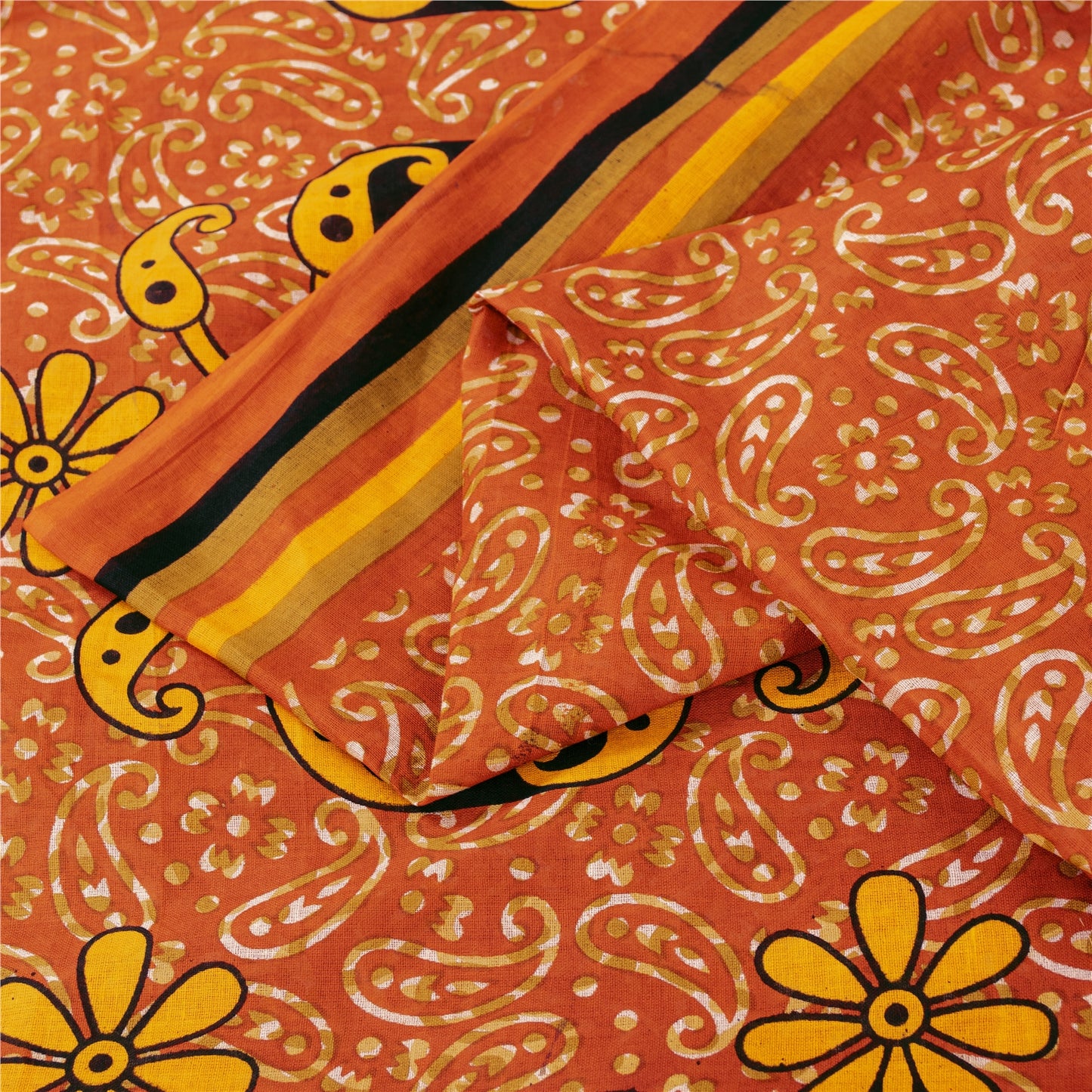 Sanskriti Vintage Sarees Orange 100% Pure Cotton Printed Sari 5+yd Craft Fabric