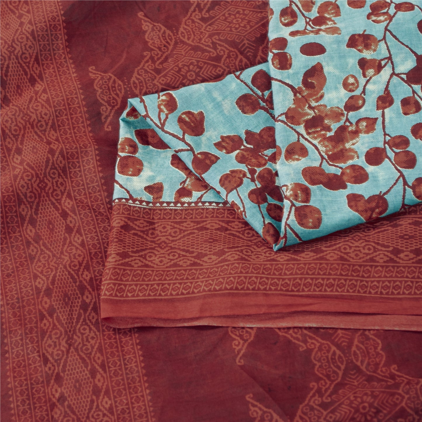 Sanskriti Vintage Sarees Blue & Red Pure Cotton Printed Sari 5+yd Craft Fabric