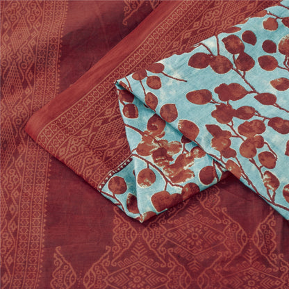 Sanskriti Vintage Sarees Blue & Red Pure Cotton Printed Sari 5+yd Craft Fabric
