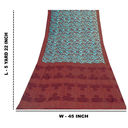 Sanskriti Vintage Sarees Blue & Red Pure Cotton Printed Sari 5+yd Craft Fabric
