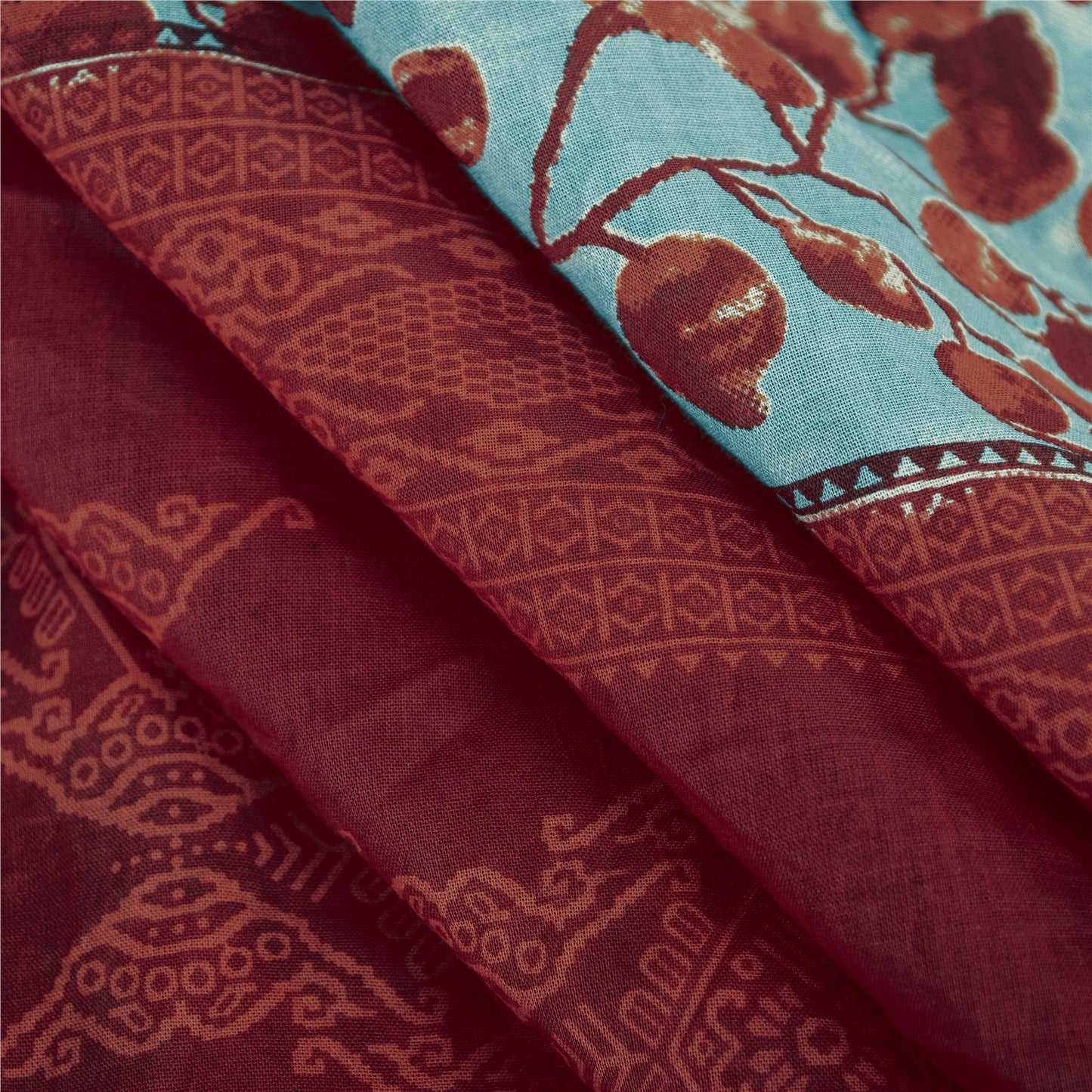 Sanskriti Vintage Sarees Blue & Red Pure Cotton Printed Sari 5+yd Craft Fabric