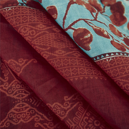 Sanskriti Vintage Sarees Blue & Red Pure Cotton Printed Sari 5+yd Craft Fabric
