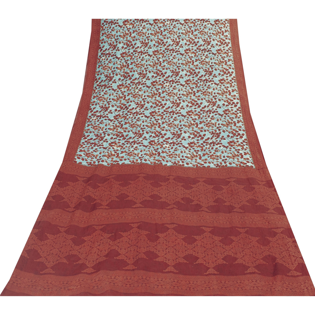 Sanskriti Vintage Sarees Blue & Red Pure Cotton Printed Sari 5+yd Craft Fabric