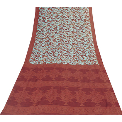 Sanskriti Vintage Sarees Blue & Red Pure Cotton Printed Sari 5+yd Craft Fabric