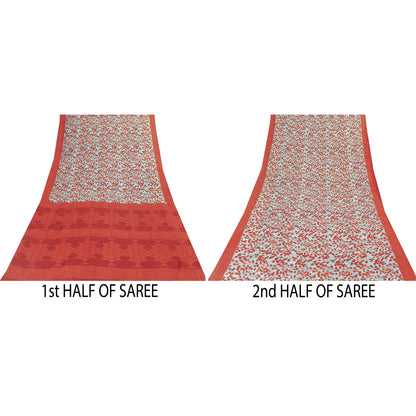 Sanskriti Vintage Sarees Blue & Red Pure Cotton Printed Sari 5+yd Craft Fabric