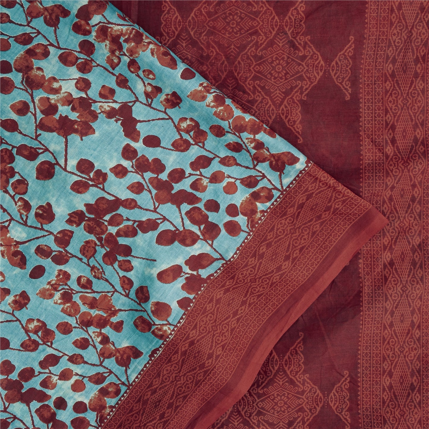 Sanskriti Vintage Sarees Blue & Red Pure Cotton Printed Sari 5+yd Craft Fabric