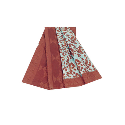 Sanskriti Vintage Sarees Blue & Red Pure Cotton Printed Sari 5+yd Craft Fabric