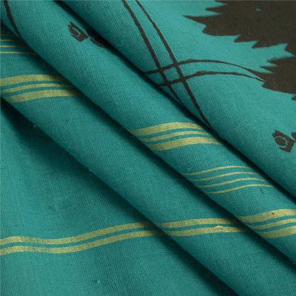 Sanskriti Vintage Sarees Green Pure Cotton Woven Printed Sari 5+yd Craft Fabric