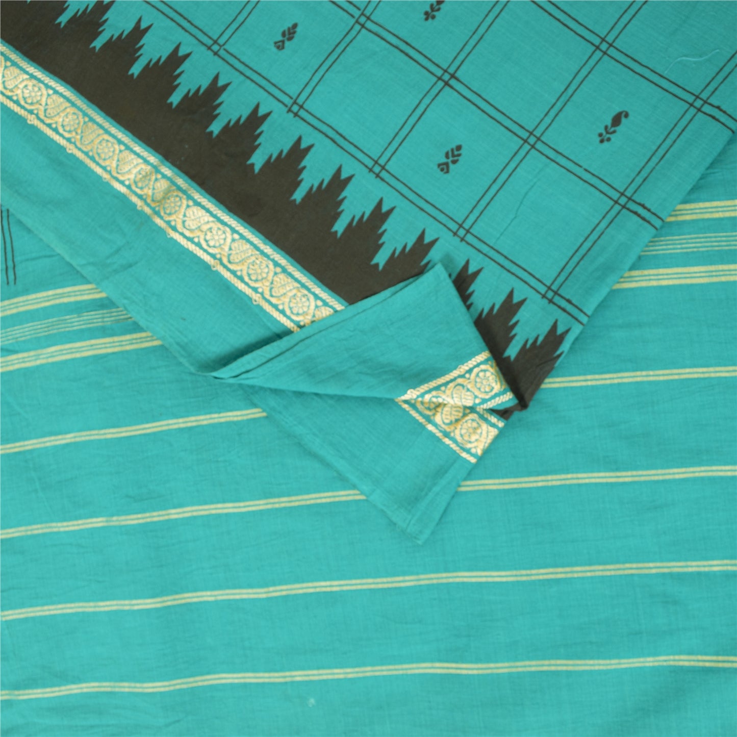 Sanskriti Vintage Sarees Green Pure Cotton Woven Printed Sari 5+yd Craft Fabric