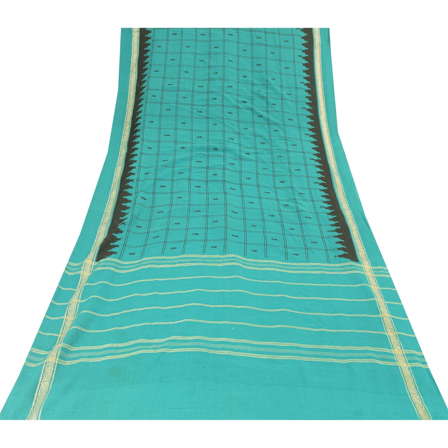 Sanskriti Vintage Sarees Green Pure Cotton Woven Printed Sari 5+yd Craft Fabric