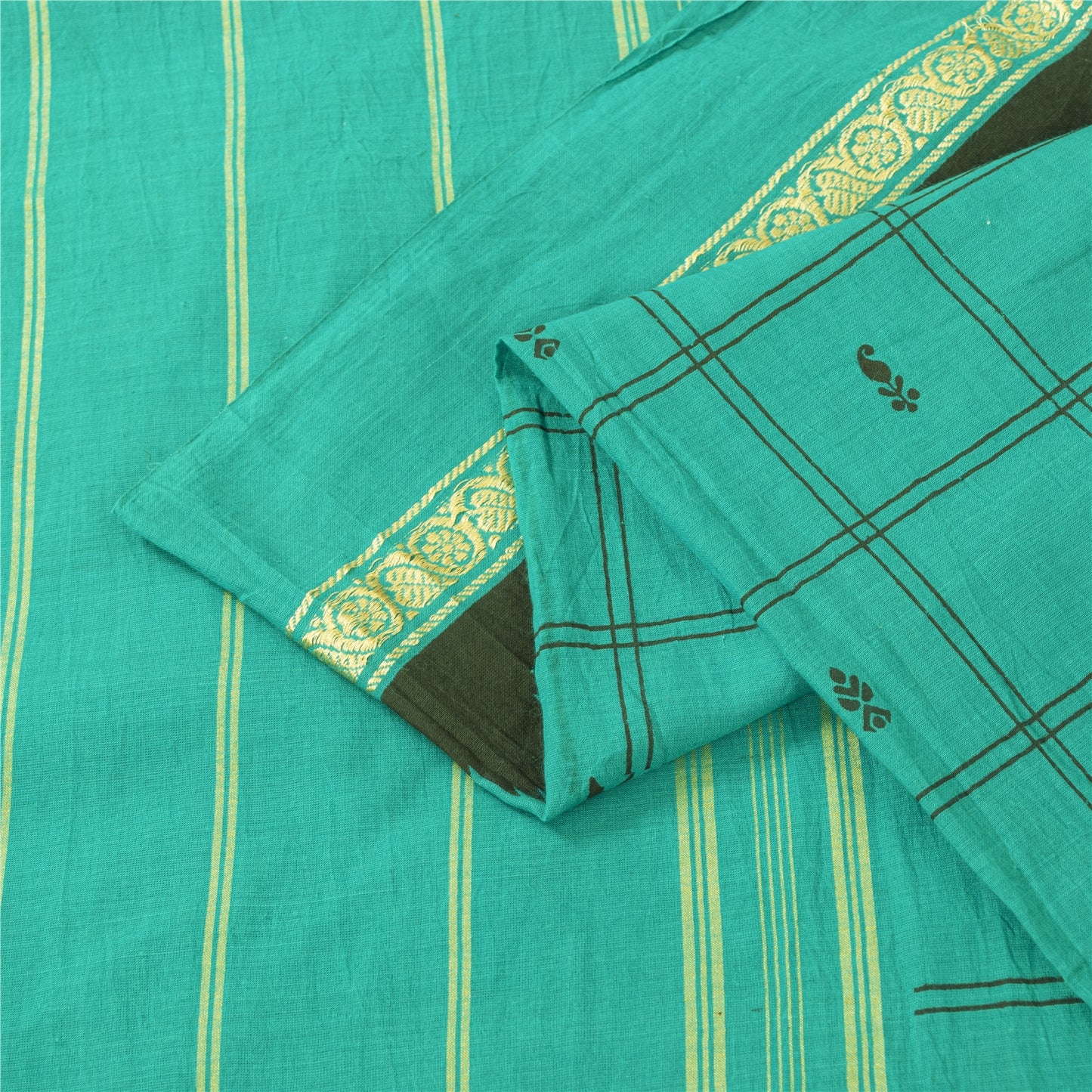 Sanskriti Vintage Sarees Green Pure Cotton Woven Printed Sari 5+yd Craft Fabric
