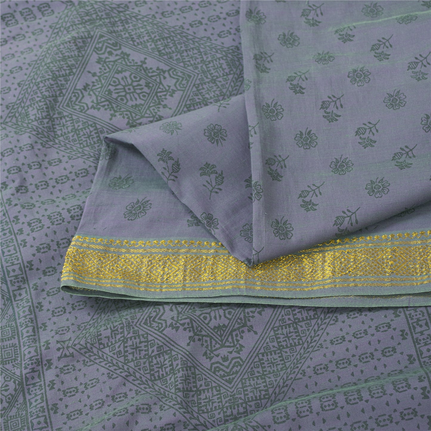 Sanskriti Vintage Sarees Lilac Zari Border Pure Cotton Printed Sari 5+yd Fabric
