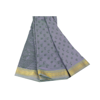 Sanskriti Vintage Sarees Lilac Zari Border Pure Cotton Printed Sari 5+yd Fabric