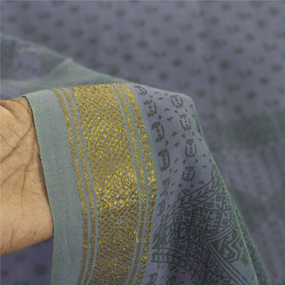 Sanskriti Vintage Sarees Lilac Zari Border Pure Cotton Printed Sari 5+yd Fabric