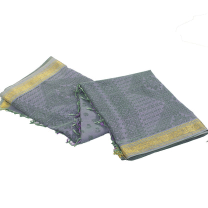 Sanskriti Vintage Sarees Lilac Zari Border Pure Cotton Printed Sari 5+yd Fabric