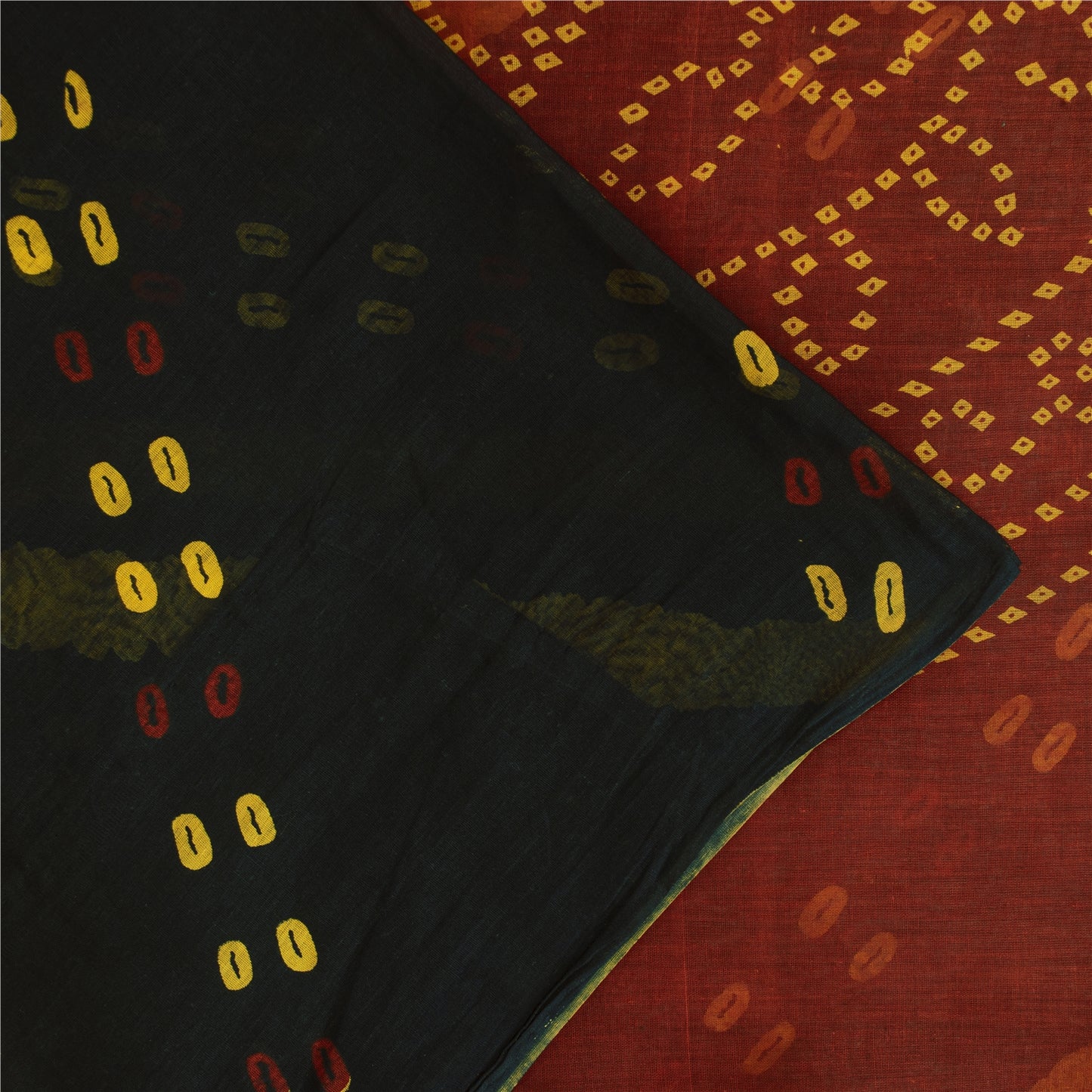 Sanskriti Vintage Sarees Black Bandhani Print Pure Cotton Sari 5+yd Craft Fabric