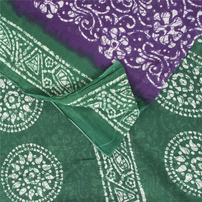 Sanskriti Vintage Sarees Purple & Green Pure Cotton Batik Print Sari 5+yd Fabric