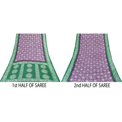 Sanskriti Vintage Sarees Purple & Green Pure Cotton Batik Print Sari 5+yd Fabric