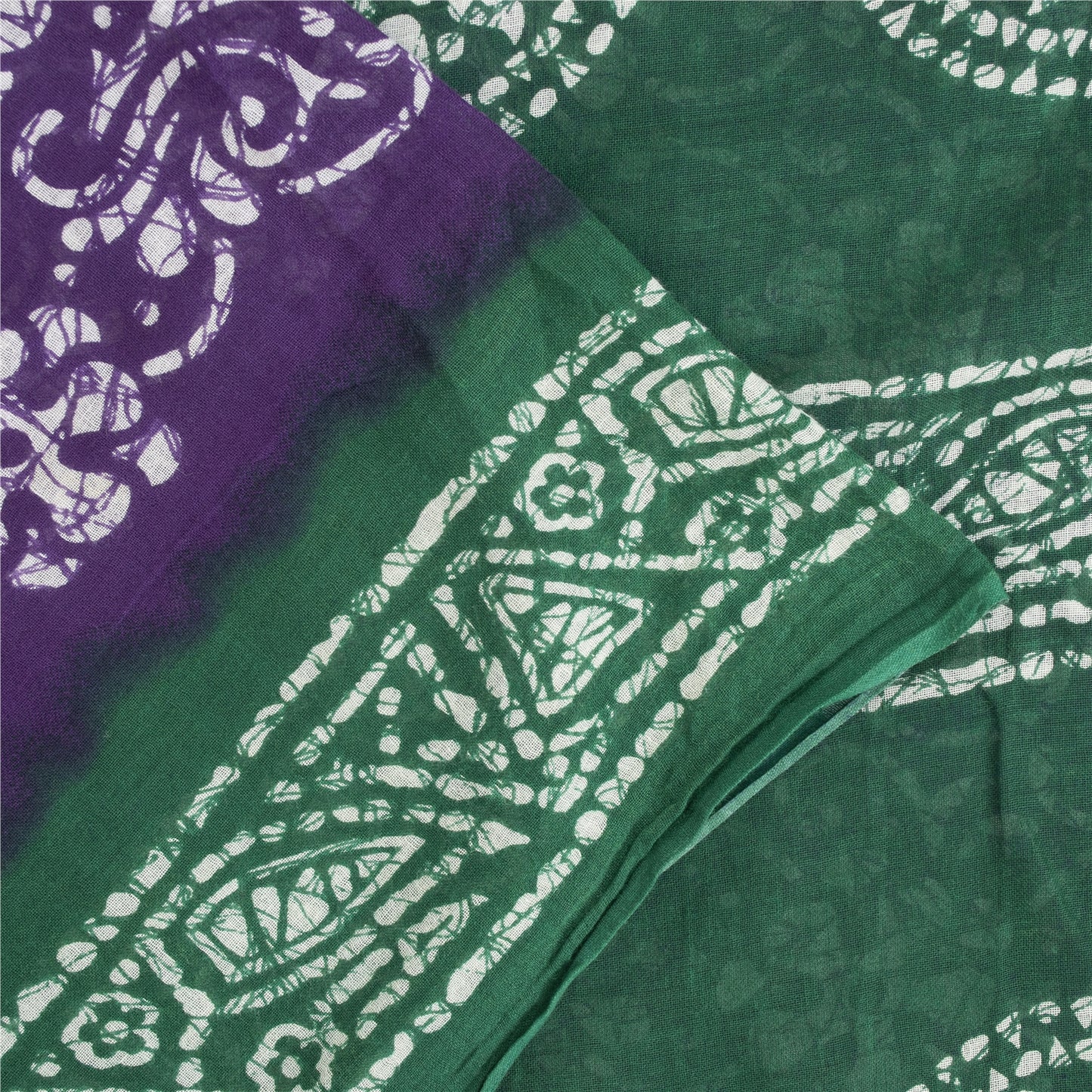 Sanskriti Vintage Sarees Purple & Green Pure Cotton Batik Print Sari 5+yd Fabric