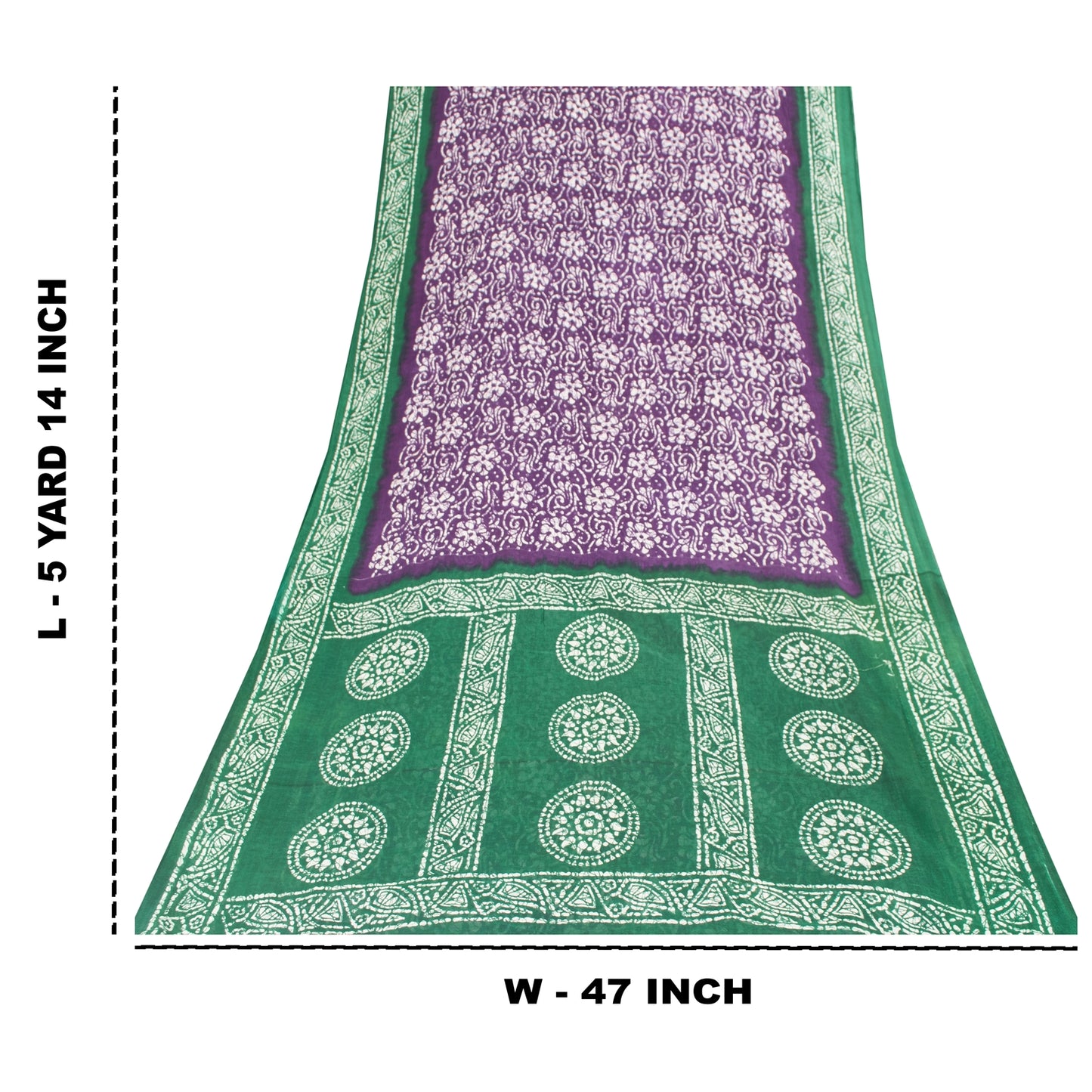Sanskriti Vintage Sarees Purple & Green Pure Cotton Batik Print Sari 5+yd Fabric