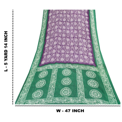 Sanskriti Vintage Sarees Purple & Green Pure Cotton Batik Print Sari 5+yd Fabric