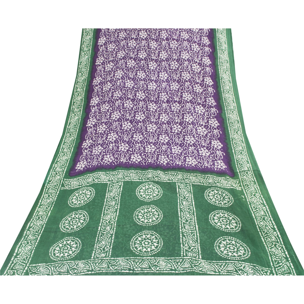 Sanskriti Vintage Sarees Purple & Green Pure Cotton Batik Print Sari 5+yd Fabric
