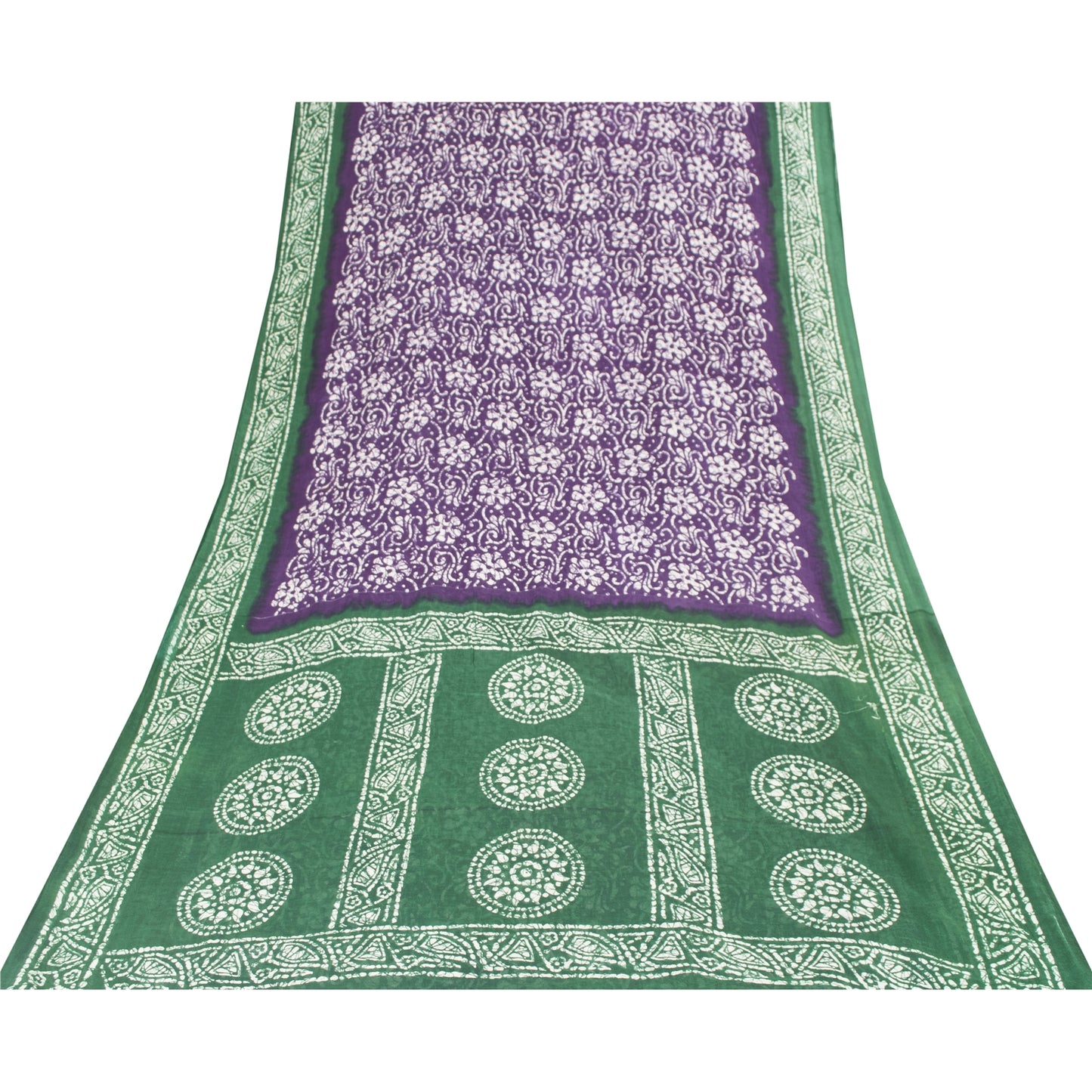 Sanskriti Vintage Sarees Purple & Green Pure Cotton Batik Print Sari 5+yd Fabric