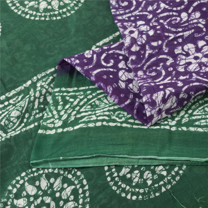 Sanskriti Vintage Sarees Purple & Green Pure Cotton Batik Print Sari 5+yd Fabric
